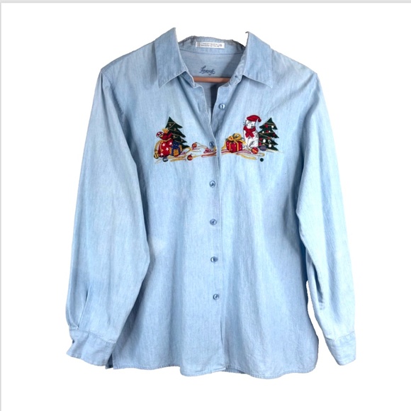 VTG 90s Embroidered Denim Christmas Cat Shirt 12 Holiday Festive Button Down - Picture 1 of 12